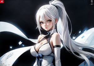 brown eyes, 1 girl, japanese text, magazine cover, white ice crystal double katanas, white elbow gloves, bare shoulders, looking at viewer, white long hair, white big breasts, white breasts, suit, white dress white official alternate, ponytail, white flower background, very long white hair, solo, white dress, white gloves, white hair