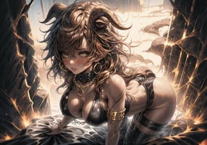 brown and black monochromatic, masterpiece, best quality, 1voluptuous woman, gold bangles, long hair, side bangs, messy hair, brown eyes, solo, big boobs, thighs, pussy, aroused nipples, sand, navel, chains gold gold, big ass, sandstorm, dynamic pose, black and red multicolor hair, nude, gold tattoos all over, gold thigh strap, desert bottom, tanned skin, brown skin, dirty body, body dusty, sand all over her clothes, goat horns, orgasmic look, sweaty body, naked, view from above,Niji Pride