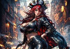 French magazine cover, 1voluptuous woman, alone, (crimson hair, long hair, wavy hair), hair between eyes, big pirate jacket, white T-shirt, pirate pants, huge boobs and hips, dynamic pose, earrings, jewelry, single, disheveled, background of tavern, pirate hat,