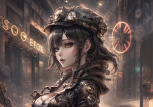 Masterpiece, Best quality, High resolution, Voluptuous woman, city, night, neon lights, club, Only woman, Curves, Masterpiece, Big breasts, cheerful expression, hooded jacket, t-shirt, black hair, torturous happiness, background steampunk city, necklace, brown eyes, long hair, dynamic pose, ripped pants, dynamic view, cap, profile, soda
