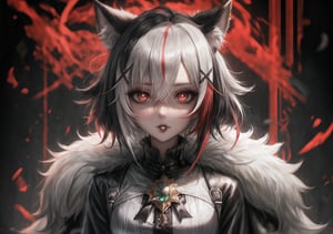 1 girl, black_eyes, coat, piercing_ears, fur coat, clipped feet, gloves, hair_between_eyes, high resolution, multicolored_hair, red_pupils, short_hair, side bangs, solo, highlighted_hair, two_tone_hair, white_gloves, white_hair, x-shaped_pupils, black_hair, blurred , brooch, cloak, dark_background, depth_of_field, fur-trimmed coat, fur trim, hair_between_eyes, high-res, jewelry, looking_at_viewer, multicolored_hair, portrait, red_eyes, shorthair, solo, streaked_hair, symbol_pupils, two-tone_hair, white_coat, white_hair, X_shaped pupils, full body