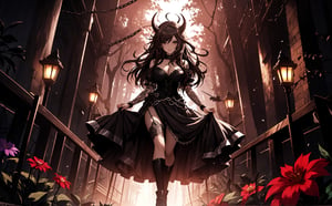 A voluptuous devil woman, light brown eyes, looking towards the viewer, very messy hair, dark black hair, very long hair, very loose hair, thighs, only 2 hands with 5 fingers on each hand, only 2 legs with 5 fingers on each leg, dirty body, alone, tattoos all over the body, walking, outdoors, night, dark night forest, chains all over the body, rusty chains, broken chains, many chains, several horns, big hips and breasts, dark flowers,  (extremely detailed CG unity 8k wallpaper), (masterpiece), (best quality), (ultra-detailed), (best illustration),(best shadow), (an extremely delicate and beautiful), fine detail, (bloom), (shine),  Beautiful, detailed eyes, (waifu, anime, exceptional, best aesthetic, new, newest, best quality, masterpiece, extremely detailed)