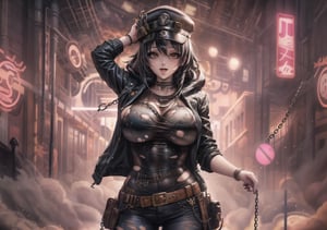 Masterpiece, Best quality, High resolution, Voluptuous woman, city, night, neon lights, club, Only woman, Curves, Masterpiece, Big breasts, cheerful expression, hooded jacket, t-shirt, black hair, torturous happiness, background steampunk city, chain necklace, brown eyes, long hair, dynamic pose, torn pants, dynamic view, cap