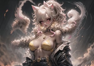 Masterpiece, Best quality, High resolution, voluptuous woman, desert city background, Only woman, Curves, Masterpiece, big breasts, happy expression, broken tattoos, two-tone white and yellow streaked hair, curly tied ponytail hair , tortuous pain, dark pink necklace, pale pink eyes, long hair, happy pose, yellow animal ears, blushing skin, navel, gold earrings, two-tone white and yellow bikini, tanned skin, tender, freedom, smoke everywhere, white sneakers, bikini with yellow bows, dark pink belt, thong,