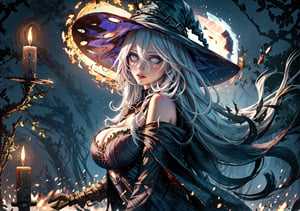 haunted forest background, lamps in the forest, 1 voluptuous young ghost woman, walking, long white hair, eyes, hair between eyes, very big breasts, alone, flushed skin, torn old black witch clothes, old torn witch hat black witch, broken ornaments, floating candles