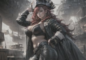 French magazine cover, 1voluptuous woman, alone, (crimson hair, long hair, wavy hair), hair between eyes, big pirate jacket, white T-shirt, pirate pants, huge boobs and hips, dynamic pose, earrings, jewelry, single, disheveled, background of tavern, pirate hat,