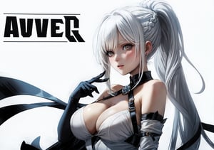 magazine cover, lots of english text, blue text, magazine view, 1 girl, saki fuwa (tower of fantasy), white elbow gloves, bare shoulders, white clothing, brown eyes, long white hair, big white breasts, braid, official white alternate costume, ponytail, background of white roses, white background, very long white hair, solo, white dresses, white gloves, white hair, only white clothing