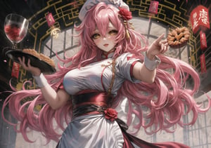 one woman, voluptuous, large breasts, pink hair, long wavy hair, side locks, hair between eyes, yellow eyes, white chef's clothes, chef's hat, in a pastry shop, Chinese style, dynamic pose,
rose flower ornaments