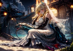 a girl, blonde hair, long hair, snake braid and reverse braids, voluptuous, big breasts, demon eyes, vermilion eyes, eyeliner, blush, crimson lips, mermaid ears, earrings, charms, rings, bracelets, cold silk dress, white dress, wedding dress, sitting, sitting on the sand, noble, night, crying, high heels