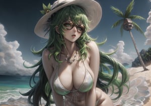 Masterpiece, Best quality, High resolution, Voluptuous woman, beach, tropical drink, Only woman, Curves, Masterpiece, Big breasts, relaxed expression, white floral bikini, sunglasses, black and green streaked hair, tortuous relaxation, background tropical beach, long bicolor black and green hair, green eyes, beach hat, necklace, dynamic view, dynamic pose,