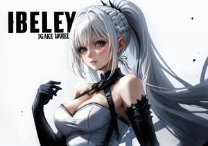 magazine cover, lots of english text, blue text, magazine view, 1 girl, saki fuwa (tower of fantasy), white elbow gloves, bare shoulders, white clothing, brown eyes, long white hair, big white breasts, braid, official white alternate costume, ponytail, background of white roses, white background, very long white hair, solo, white dresses, white gloves, white hair, only white clothing