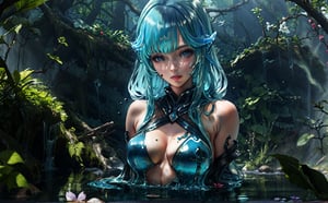 a slime woman, water clothing, painted body, in the water