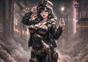 Masterpiece, Best quality, High resolution, Voluptuous woman, city, night, neon lights, club, Only woman, Curves, Masterpiece, Big breasts, cheerful expression, hooded jacket, t-shirt, black hair, torturous happiness, background steampunk city, necklace, brown eyes, long hair, dynamic pose, ripped pants, dynamic view, cap