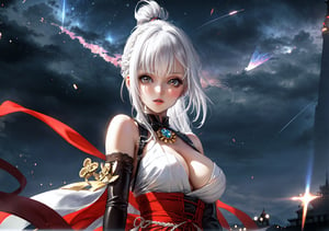 1 girl, absurd, crystal, high resolution, night sky,
double ice crystal katanas, elbow gloves, bare shoulders, dress, looking at viewer, night, brown eyes, long hair, big breasts, breasts, braid, official alternate costume, ponytail, saki fuwa (tower of fantasy ), sky, star (sky), starry sky, very long hair, alone, fantasy tower, white dress, white gloves, white hair