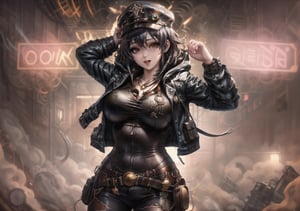 Masterpiece, Best quality, High resolution, Voluptuous woman, city, night, neon lights, club, Only woman, Curves, Masterpiece, Big breasts, cheerful expression, hooded jacket, t-shirt, black hair, torturous happiness, background steampunk city, necklace, brown eyes, long hair, dynamic pose, ripped pants, dynamic view, cap