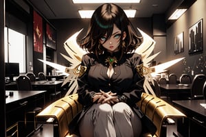 A voluptuous woman, light black hair with deep brown streaks in her hair, long hair, punk hair, earth-colored eyes, thighs, only 2 hands with 5 fingers on each hand, only 2 legs with 5 fingers on each leg, dirty body , alone, brown office shirt, short large black jacket with green details, gold and jade jewelry, formal brown short-sleeved suit, green tattoos all over the body, large brown angel wings, (extremely detailed CG unity 8k wallpaper), (masterpiece), (best quality), (ultra-detailed), (best illustration),(best shadow), (an extremely delicate and beautiful), fine detail, (bloom), (shine),  Beautiful, detailed eyes, (waifu, anime, exceptional, best aesthetic, new, newest, best quality, masterpiece, extremely detailed)