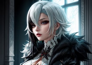 1 Voluptuous Woman, Coat, Fur Coat, Hair Between Eyes, High Resolution, Multicolored Hair, Short Hair, Side Bangs, Solo, Highlighted Hair, Two Tone Hair, White Gloves, White Hair, Black Hair, Blurred, Brooch Jewelry , looking at viewer, black eyes, multicolored hair, depth of field, red x in pupils, portrait, solo,arlecchino(genshin impact),x-shaped pupils