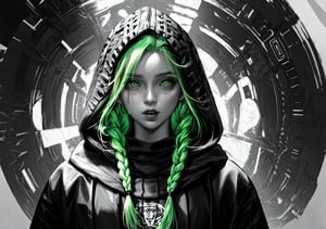 masterpiece, top quality, best quality, official art, beautiful and aesthetic, 1 woman, extremely detailed, colorful, most detailed, ppcp, monochrome black, white, light green, dynamic pose, braids, hood,