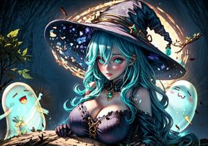 haunted forest background, lamps in the forest, 1 voluptuous young ghost woman, sitting on an oak tree, long white hair, eyes, hair between eyes, very big breasts, alone, blushing skin, torn and old turquoise witch clothes, old hat and broken turquoise witch, broken ornaments