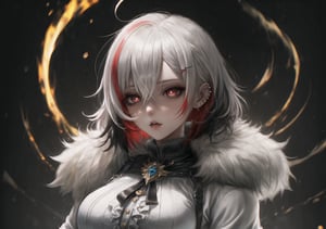 1 voluptuous woman, big breasts, coat, piercing_ears, fur coat, gloves, hair_between_eyes, high resolution, multicolored_hair, red_pupils, short_hair, side bangs, solo, highlighted_hair, two_tone_hair, white_gloves, white_hair, x-shaped_pupils, black_hair, blurred, brooch, cloak, dark_background, depth_of_field, fur-trimmed coat, fur trim, hair_between_eyes, hi-res, jewellery, looking_at_viewer, multicolored_hair, portrait, red_eyes, short_hair, single, streaked_hair, symbol_shaped_pupils, bicolor_hair, white_coat, white_hair , black eyes, full body, sitting, x-shaped pupils, black iris