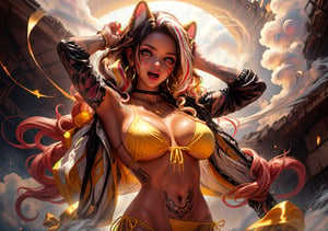 Masterpiece, Best quality, High resolution, voluptuous woman, treasure cave, Only woman, Curves, Masterpiece, big breasts, happy expression, broken tattoos, white and yellow streaked hair, curly tied hair, tortuous pain, gold necklace , pale pink eyes, long hair, happy pose, yellow and white animal ears, blushing skin, navel, gold earrings, two-tone white and yellow bikini, tanned skin, demonic marks, corruption, smoke everywhere, white sneakers, bikini with yellow bows,