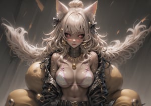 Masterpiece, Best quality, High resolution, voluptuous woman, desert city background, Only woman, Curves, Masterpiece, big breasts, happy expression, broken tattoos, two-tone white and yellow streaked hair, tortuous pain, dark pink necklace, dark pink eyes, long hair, happy pose, yellow animal ears, blushing skin, navel, gold nuggets, white and yellow Egyptian bikini, tanned skin, tender, naked, white sneakers, bikini with yellow bows, dark pink belt, thong , thighs