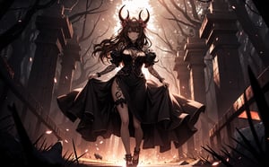 A voluptuous devil woman, light brown eyes, looking towards the viewer, very messy hair, dark black hair, very long hair, very loose hair, thighs, only 2 hands with 5 fingers on each hand, only 2 legs with 5 fingers on each leg, dirty body, alone, tattoos all over the body, walking, outdoors, night, dark night forest, chains all over the body, rusty chains, broken chains, many chains, several horns, big hips and breasts,  (extremely detailed CG unity 8k wallpaper), (masterpiece), (best quality), (ultra-detailed), (best illustration),(best shadow), (an extremely delicate and beautiful), fine detail, (bloom), (shine),  Beautiful, detailed eyes, (waifu, anime, exceptional, best aesthetic, new, newest, best quality, masterpiece, extremely detailed)