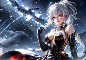 1girl, absurdres, bare_shoulders, braid, breasts, brown_eyes, crystal, dress, elbow_gloves, gloves, hair_between_eyes, highres, ice_crystal, large_breasts, long_hair, looking_at_viewer, night, night_sky, official_alternate_costume, ponytail, r1n54234459, saki_fuwa_(tower_of_fantasy), sky, solo, star_(sky), starry_sky, tower_of_fantasy, very_long_hair, white_dress, white_gloves, white_hair