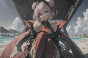A voluptuous woman, light pink hair with white streaks in her hair, short hair, blue eyes, thighs, only 2 hands with 5 fingers on each hand, only 2 legs with 5 fingers on each leg, wet body, alone, outdoors , beach , large green and black jacket, bare shoulders, hair in two buns, red china suit, gold prints on all clothes, (extremely detailed CG unity 8k wallpaper), (masterpiece), (best quality), (ultra-detailed), (best illustration),(best shadow), (an extremely delicate and beautiful), fine detail, (bloom), (shine),  Beautiful, detailed eyes, (waifu, anime, exceptional, best aesthetic, new, newest, best quality, masterpiece, extremely detailed)