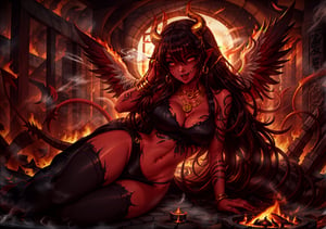 Masterpiece, Best quality, High resolution, Voluptuous woman, temple, night, burning temple, smoke, Only woman, Curves, Masterpiece, Big breasts, happy expression, broken tattoos, black hair, messy hair, tortuous pain, background fiery, white temples, gold necklace, brown eyes, long hair, dynamic pose, burning feathers, demon horns, navel, burns, ashes, burning feathers, demonic marks, corruption, smoke everywhere, red demon, angel wings burned on the back, torn angel costume,