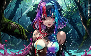a slime woman, red slime, water clothes, brown clothes, painted body, multicolored paint, in the water, chocolate water, forest made of sweets