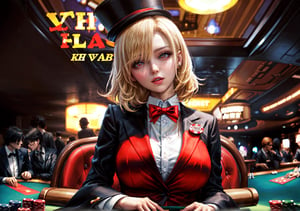 a magazine cover, floating japanese text, red text, Defaults17Style, a lot of text on the magazine cover, casino, casino background, casino table, 1 voluptuous young woman, short blonde hair above her shoulders, red eyes, hair Between the eyes, very large breasts, alone, flushed skin, red collared shirt, white tuxedo, white top hat, red ribbon on top hat, letter ornaments,