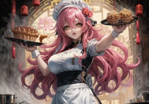 one woman, voluptuous, large breasts, pink hair, long wavy hair, side locks, hair between eyes, yellow eyes, white chef's clothes, chef's hat, in a pastry kitchen, cooking, Chinese style, dynamic pose,
pink flower decorations on clothes