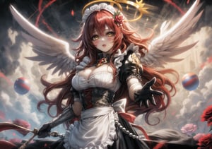 1templar voluptuous woman, servant, large chest, long curly hair, templar clothing with iron balls, templar armor with iron balls, crimson hair, yellow eyes, blushing, gloves, white tunic with a red cross in the center, sun of background, robe with iron beads, maid headdress with iron beads, roses, maid armor, dynamic pose, alone, white iron, angel halo, giant angel wings, wings with energy veins, energy veins all over the body, dynamic pose