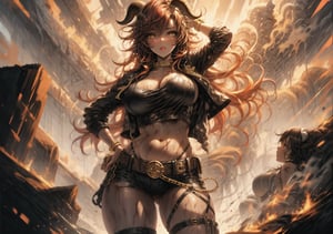 brown and black monochrome, masterpiece, best quality, 1voluptuous woman, gold bangles, long hair, side bangs, messy hair, brown eyes, solo, big breasts, thighs, pussy gold nipple clips, sand, belly button , gold belt, big hips, sandstorm, dynamic pose, multicolor black and red hair, nude, gold tattoos, gold thigh strap, desert bottom, big black ripped jacket, tanned skin, brown skin, body dirty, dusty body, sand on all clothes, goat horns