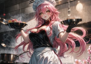 one woman, voluptuous, large breasts, pink hair, long wavy hair, side bangs, hair between eyes, yellow eyes, white chef clothes, chef hat, cooking, in a professional restaurant kitchen, Chinese style, dynamic pose , pink flowers