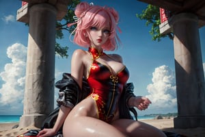 A voluptuous woman, light pink hair with white streaks in her hair, short hair, blue eyes, thighs, only 2 hands with 5 fingers on each hand, only 2 legs with 5 fingers on each leg, wet body, alone, outdoors , beach , green and black jacket, bare shoulders, hair in two buns, red Chinese porcelain suit, gold writing on all clothes, (extremely detailed CG unity 8k wallpaper), (masterpiece), (best quality), (ultra-detailed), (best illustration),(best shadow), (an extremely delicate and beautiful), fine detail, (bloom), (shine),  Beautiful, detailed eyes, (waifu, anime, exceptional, best aesthetic, new, newest, best quality, masterpiece, extremely detailed)