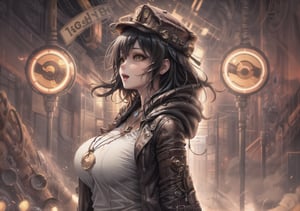 Masterpiece, Best quality, High resolution, Voluptuous woman, city, night, neon lights, club, Only woman, Curves, Masterpiece, Big breasts, cheerful expression, hooded jacket, t-shirt, black hair, torturous happiness, background steampunk city, necklace, brown eyes, long hair, dynamic pose, ripped pants, dynamic view, cap, profile, soda, boots