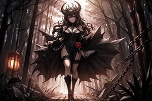 A voluptuous devil woman, light brown eyes, looking towards the viewer, very messy hair, dark black hair, very long hair, loose hair, thighs, only 2 hands with 5 fingers on each hand, only 2 legs with 5 fingers on each leg , dirty body, alone, tattoos all over the body, walking, outdoors, night, dark night forest, chains all over the body, rusty chains, broken chains, many chains, several horns,   (extremely detailed CG unity 8k wallpaper), (masterpiece), (best quality), (ultra-detailed), (best illustration),(best shadow), (an extremely delicate and beautiful), fine detail, (bloom), (shine),  Beautiful, detailed eyes, (waifu, anime, exceptional, best aesthetic, new, newest, best quality, masterpiece, extremely detailed)