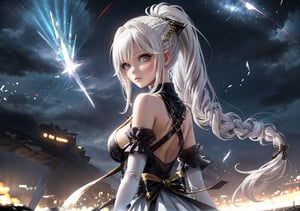 1 girl, absurd, crystal, high resolution, night sky,
white ice crystal double katanas, white elbow gloves, bare shoulders, white clothing, looking at viewer, night, brown eyes, long white hair, big boobs, breasts, braid, official alternate costume, ponytail, saki fuwa ( fantasy tower), sky, star (sky), starry sky, very long white hair, alone, fantasy tower, white dress, white gloves, white hair