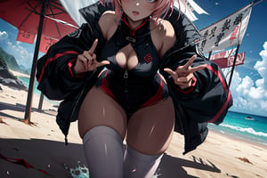 A voluptuous woman, light pink hair with white streaks in her hair, short hair, blue eyes, thighs, only 2 hands with 5 fingers on each hand, only 2 legs with 5 fingers on each leg, wet body, alone, outdoors , beach , green and black jacket, bare shoulders, hair in two buns, red Chinese porcelain suit, gold writing on all clothes, (extremely detailed CG unity 8k wallpaper), (masterpiece), (best quality), (ultra-detailed), (best illustration),(best shadow), (an extremely delicate and beautiful), fine detail, (bloom), (shine),  Beautiful, detailed eyes, (waifu, anime, exceptional, best aesthetic, new, newest, best quality, masterpiece, extremely detailed)