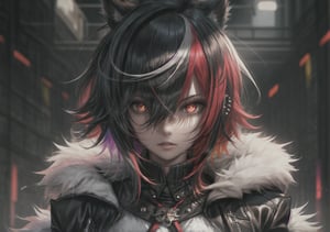 1 voluptuous woman, big breasts, coat, piercing_ears, fur coat, gloves, hair_between_eyes, high resolution, multicolored_hair, red_pupils, short_hair, side bangs, solo, highlighted_hair, two_tone_hair, white_gloves, white_hair, x-shaped_pupils, black_hair, blurred, brooch, cloak, dark_background, depth_of_field, fur-trimmed coat, fur trim, hair_between_eyes, hi-res, jewellery, looking_at_viewer, multicolored_hair, portrait, red_eyes, short_hair, single, streaked_hair, symbol_shaped_pupils, bicolor_hair, white_coat, white_hair , black eyes, full body, sitting, contact lenses with red x