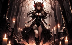 A voluptuous devil woman, light brown eyes, looking towards the viewer, very messy hair, dark black hair, very long hair, very loose hair, thighs, only 2 hands with 5 fingers on each hand, only 2 legs with 5 fingers on each leg, dirty body, alone, tattoos all over the body, walking, outdoors, night, dark night forest, chains all over the body, rusty chains, broken chains, many chains, several horns, big hips and breasts, dark flowers , candles,  (extremely detailed CG unity 8k wallpaper), (masterpiece), (best quality), (ultra-detailed), (best illustration),(best shadow), (an extremely delicate and beautiful), fine detail, (bloom), (shine),  Beautiful, detailed eyes, (waifu, anime, exceptional, best aesthetic, new, newest, best quality, masterpiece, extremely detailed)
