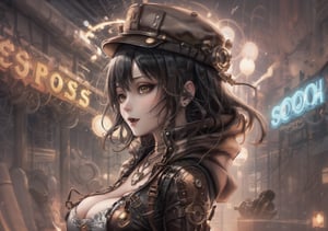 Masterpiece, Best quality, High resolution, Voluptuous woman, city, night, neon lights, club, Only woman, Curves, Masterpiece, Big breasts, cheerful expression, hooded jacket, t-shirt, black hair, torturous happiness, background steampunk city, necklace, brown eyes, long hair, dynamic pose, ripped pants, dynamic view, cap, profile, soda