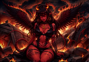 Masterpiece, Best quality, High resolution, Voluptuous woman, temple, night, burning temple, smoke, Only woman, Curves, Masterpiece, Big breasts, happy expression, broken tattoos, black hair, messy hair, tortuous pain, background burning, white temples, gold necklace, brown eyes, long hair, dynamic pose, burning feathers, demon horns, navel, burns, ashes, burning feathers, demonic marks, corruption, smoke everywhere, red demon, angel wings burned on the back, torn angel costume, sitting