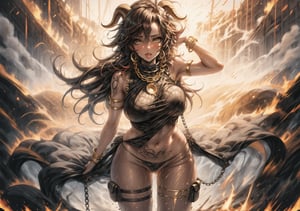 brown and black monochromatic, masterpiece, best quality, 1voluptuous woman, gold bangles, long hair, side bangs, messy hair, brown eyes, solo, big boobs, thighs, pussy, aroused nipples, sand, navel, chains gold gold, big ass, sandstorm, dynamic pose, black and red multicolor hair, nude, gold tattoos all over, gold thigh strap, desert bottom, tanned skin, brown skin, dirty body, body dusty, sand all over her clothes, goat horns, orgasmic look, sweaty body, naked, view from above,Niji Pride