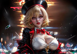 a magazine cover, floating japanese text, red text, Defaults17Style, a lot of text on the magazine cover, casino, casino background, casino table, 1 voluptuous young woman, short blonde hair above her shoulders, red eyes, hair Between the eyes, very large breasts, alone, flushed skin, red collared shirt, white tuxedo, white top hat, red ribbon on top hat, letter ornaments,