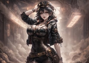 Masterpiece, Best quality, High resolution, Voluptuous woman, city, night, neon lights, club, Only woman, Curves, Masterpiece, Big breasts, cheerful expression, hooded jacket, t-shirt, black hair, torturous happiness, background steampunk city, necklace, brown eyes, long hair, dynamic pose, ripped pants, dynamic view, cap