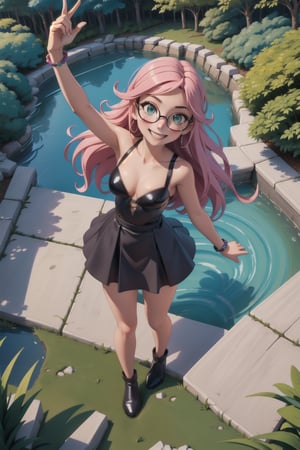 1girl, (masterpice), best quality, high quality, high detailed, perfect body, good body,pink hair,very long hair, green eyes, mini latex black dress,hair ornament,small breasts,glasses, outdoors, blue sky, from above, books, trees, flowers, waterfall,doggystyke on the grass,shirtless, without bra, show nipples and boobs, skirt up, doing a sign with hands and smiling to imaginary camera