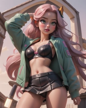 1girl, (masterpice), best quality, high quality, high detailed, perfect body,perfect_face, high_detailed_face, realism face, good body, big_ass, small_breasts, green_eyes, breasts, hair ornament, purple_eyeshadow, pink_hair, makeup ,long_hair, lipstick ,blush ,braided_hair, female, light-skinned_female ,light_skin ,sakimichan style ,skin_contrast, bra, black_bra, jacket, black leather skirt, from below